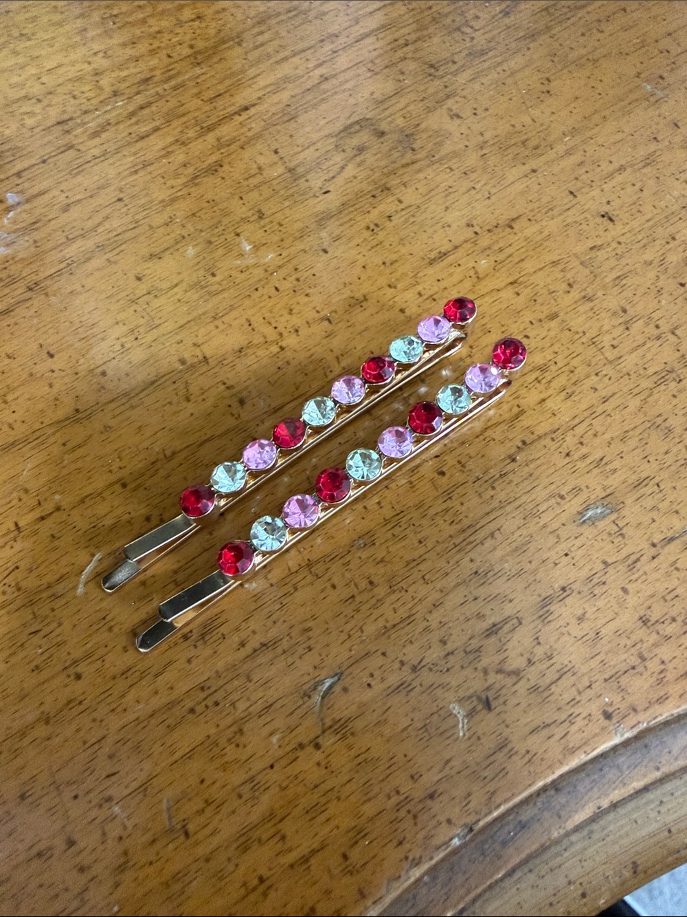 Gold Bobby Pins with Red, Pink, and Mint Rhinestones